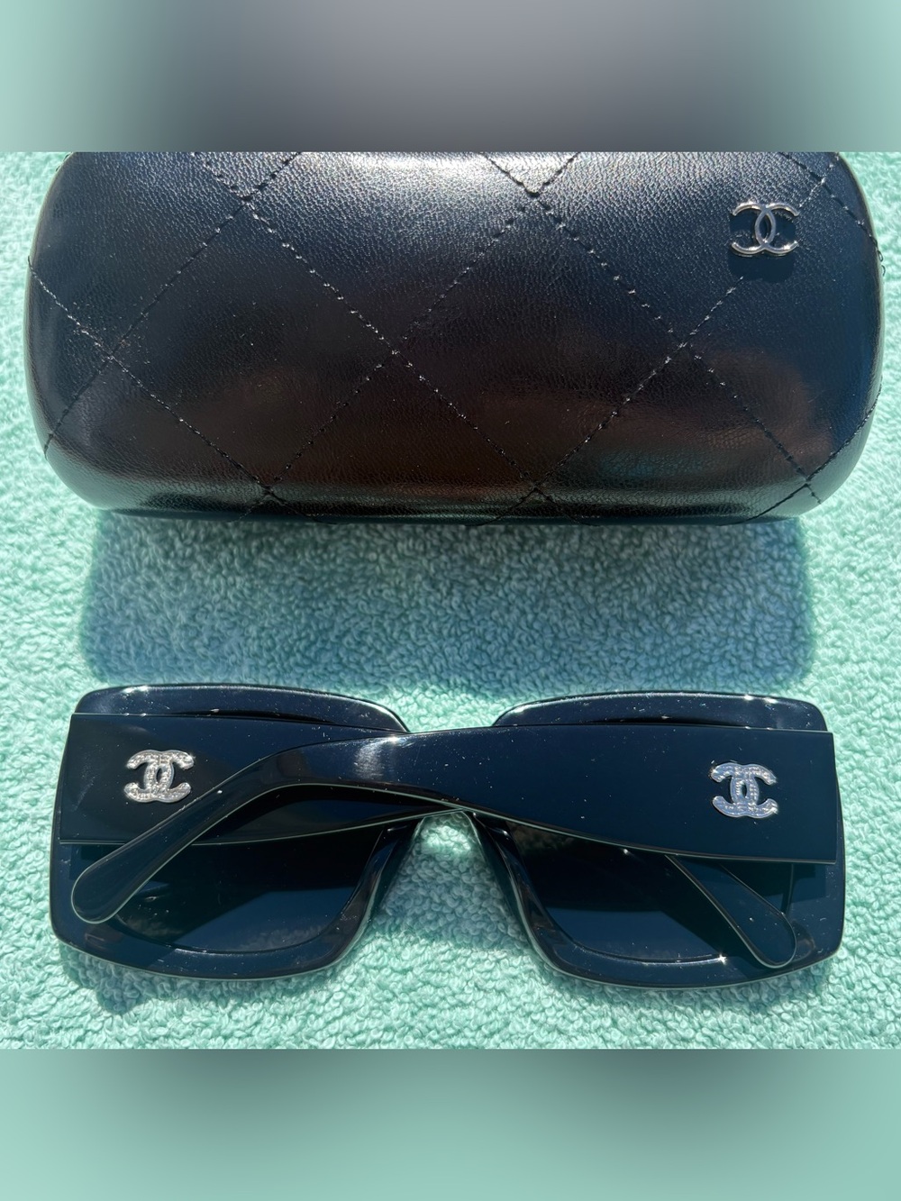 CHANEL Black Oversized Rectangular Logo Sunglasses with Case